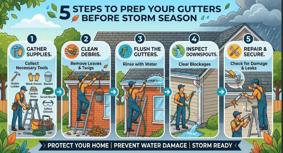 Infographic showing 5 steps to prep gutters before storm season: 1. Gather supplies, 2. Clean debris, 3. Flush gutters, 4. Inspect downspouts, and 5. Repair and secure leaks.