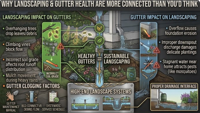 Infographic explaining how landscaping and gutter health are connected, showing overhanging trees, soil grading, downspout runoff, and underground French drain systems protecting home foundations.