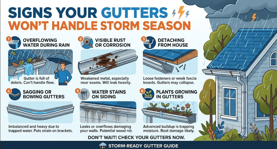 Infographic illustrating 6 signs your gutters won't handle storm season: overflowing water, visible rust or corrosion, detaching from house, sagging or bowing gutters, water stains on siding, and plants growing in gutters.