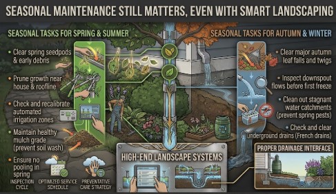 Infographic outlining seasonal gutter and landscaping maintenance tasks for Spring/Summer (clearing seedpods, pruning rooflines, checking irrigation) and Autumn/Winter (removing fallen leaves, inspecting downspouts before freezes, clearing French drains).