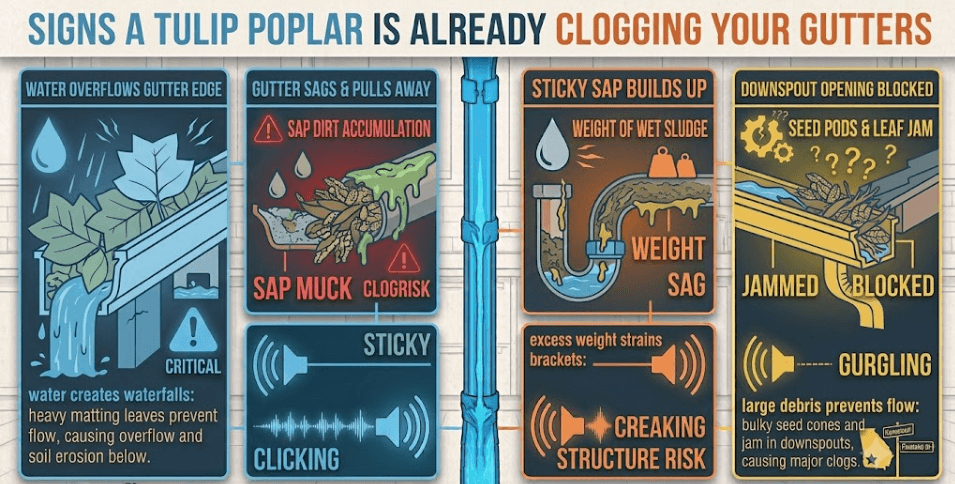 Diagnostic infographic illustrating warning signs a tulip poplar tree is clogging gutters: water spilling over edges, gutters sagging under wet sap sludge, clogged downspouts from seed pods, and creaking fascia boards.