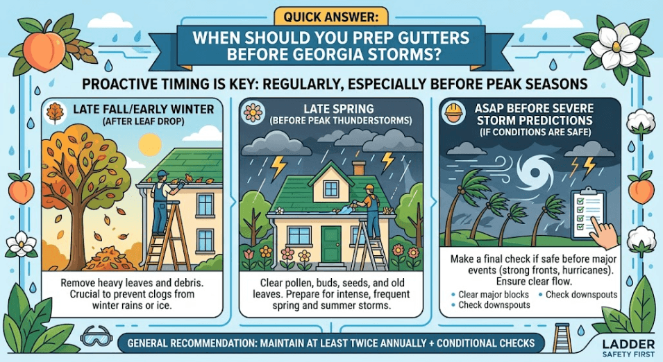nfographic explaining when to prep gutters before Georgia storms: late fall leaf removal, late spring clearing before summer thunderstorms, and emergency checks before severe weather.