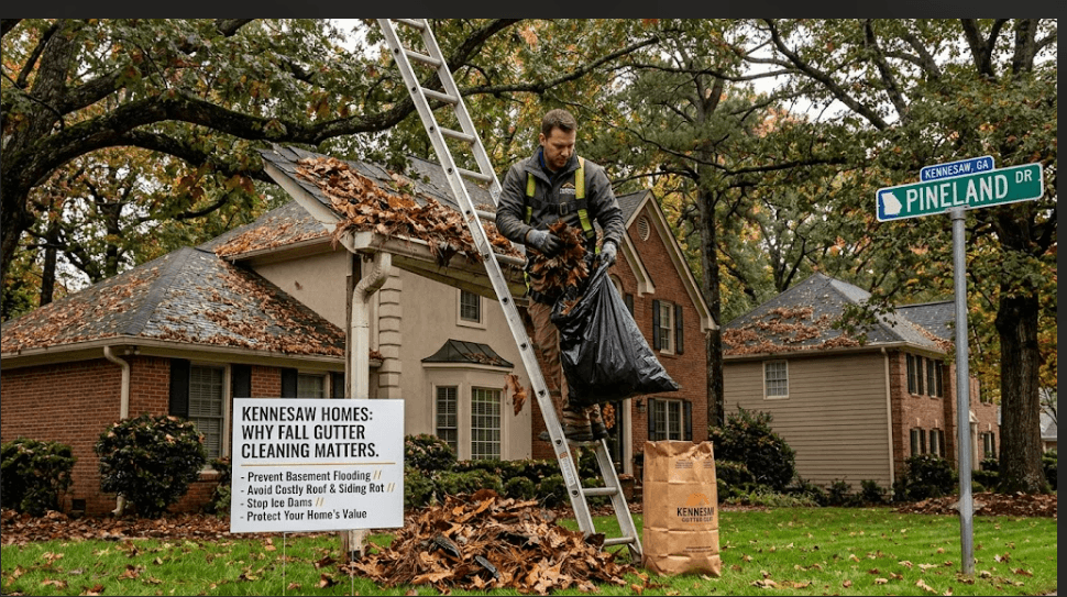 vProfessional technician clearing heavy autumn leaves and pine needles from residential gutters on a brick home in Kennesaw GA, featuring a checklist sign outlining basement flooding and roof rot prevention benefits.