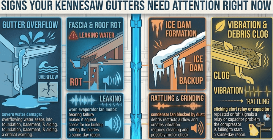 Infographic explaining why tulip poplars are Cobb County's top gutter-clogging culprit: autumn leaf drop forming dense mats, late-fall seed pod downspout blockages, spring sap buildup, and gutter sagging from excess weight.