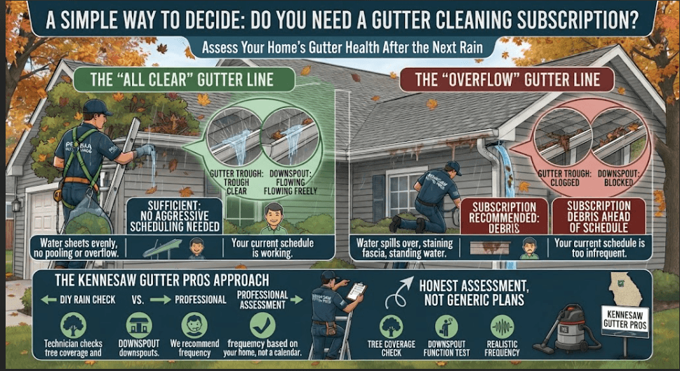 Infographic guiding Kennesaw homeowners on how to test their gutters during rain to see if a recurring cleaning subscription is needed, comparing clear drainage against overflowing water and fascia staining.