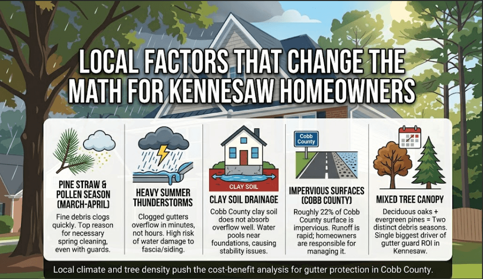 Infographic outlining the local environmental and climate factors affecting Kennesaw, GA homeowners, including pine straw seasons, heavy summer thunderstorms, Cobb County clay soil drainage, and mixed tree canopies.