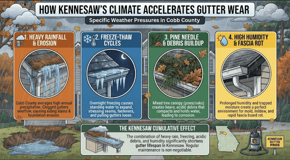 Infographic illustrating how Kennesaw's local climate factors—including heavy rainfall, winter freeze-thaw cycles, pine needle debris buildup, and high humidity—accelerate residential gutter wear in Cobb County.