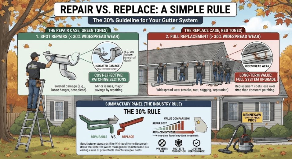 Infographic explaining the 30% rule for gutters, comparing when to choose spot repairs for isolated damage versus full gutter system replacement for widespread wear.
