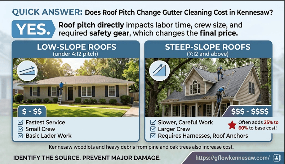 An infographic comparing low-slope roof gutter cleaning with steep-slope roof cleaning safety gear requirements and cost differences in Kennesaw, GA.