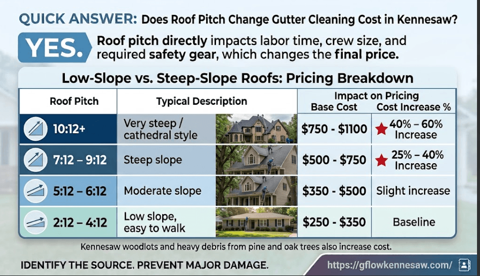 A pricing breakdown table comparing gutter cleaning costs across different roof pitches from 2:12 low slope to 10:12+ steep cathedral roofs in Kennesaw.