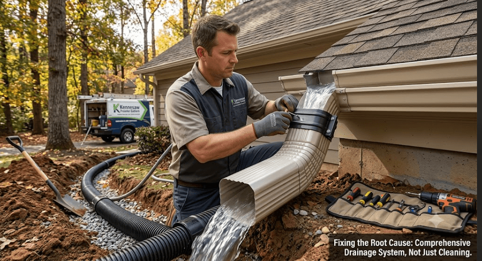 Gutter technician installing an underground drainage extension to prevent roof leaks and foundation water damage in Kennesaw, GA"