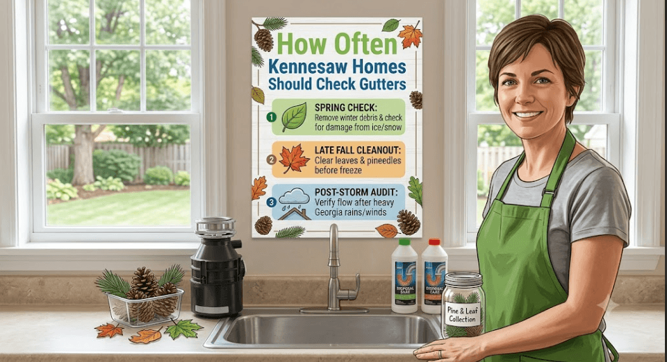 "Infographic detailing seasonal gutter inspection schedule for Kennesaw GA homes including spring checks, late fall cleanouts, and post-storm audits"