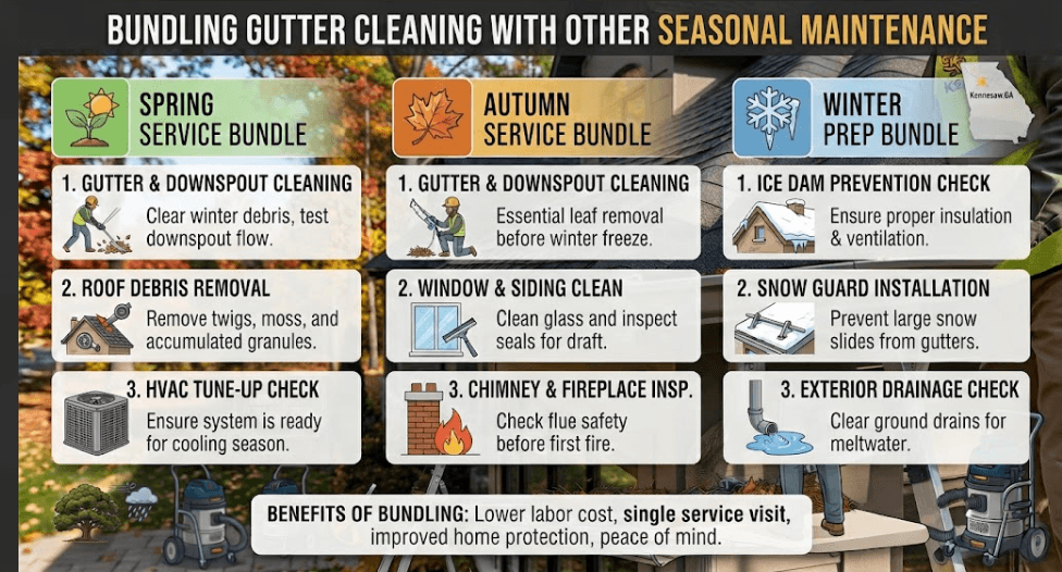 Infographic illustrating the benefits of bundling gutter cleaning with other seasonal home maintenance tasks across Spring, Autumn, and Winter. Highlights cost savings, single-visit convenience, and comprehensive property protection.