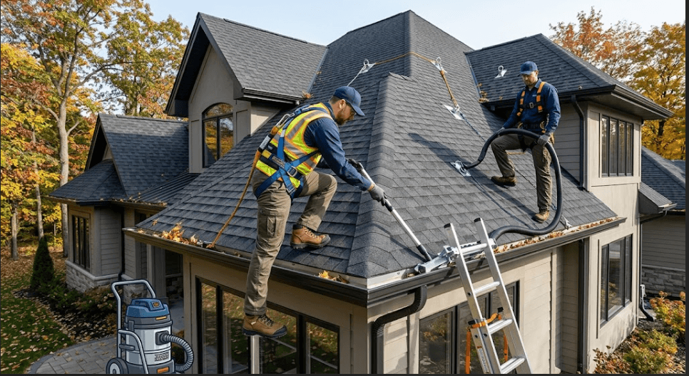 Detailed infographic showing safety techniques for cleaning steep-pitch roof gutters, including roof anchors, harness tie-offs, safety harnesses, and anti-slip boots used by professional cleaners.