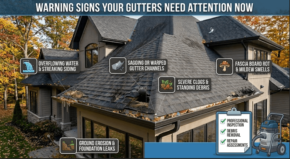 Infographic listing key warning signs gutters need attention, including overflowing water, sagging gutter channels, fascia board rot, standing debris, and ground erosion around the foundation.