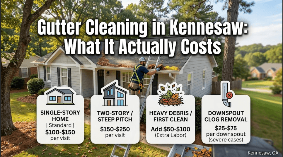 Infographic detailing the average gutter cleaning costs in Kennesaw, GA, breaking down pricing for single-story homes, two-story homes, heavy debris cleanup, and downspout clog removal.