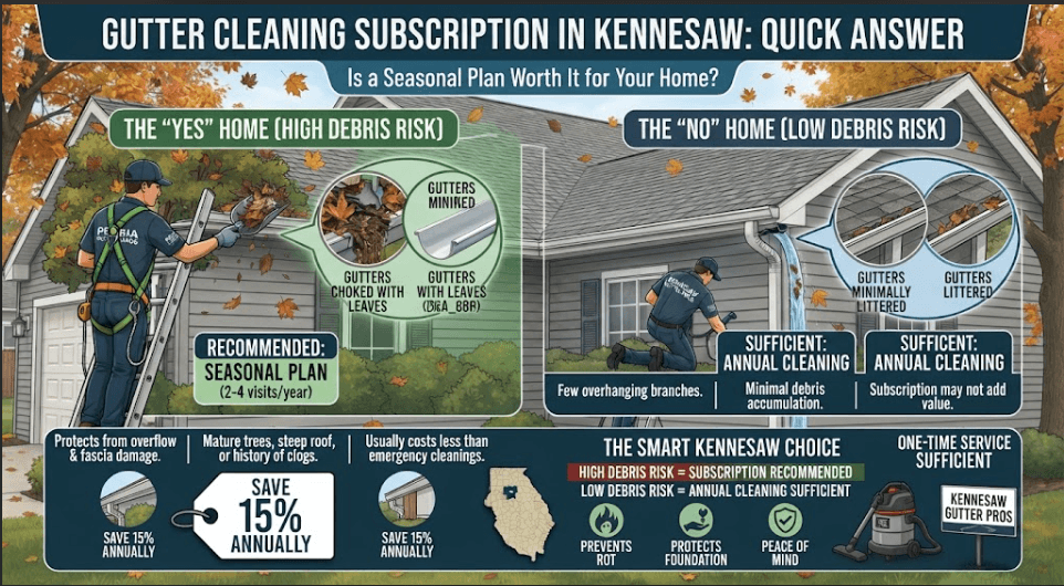Infographic helping Kennesaw, GA homeowners decide if a gutter cleaning subscription is right for them, comparing high-debris homes needing seasonal plans against low-debris homes where annual cleanings are sufficient.