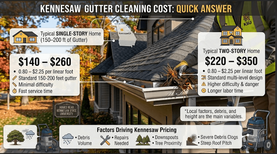 Infographic explaining how to get an accurate gutter cleaning quote from GFlow Kennesaw. Step 1: Phone call with home story count and approximate linear footage to establish an estimate range ($140–$260 for 1-story, $220–$350 for 2-story). Step 2: On-site technician measurement for a firm fixed price before work begins.