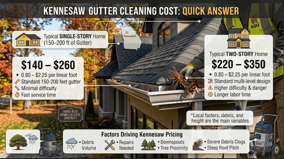 Infographic showing average gutter cleaning costs in Kennesaw, GA. Single-story homes range from $140–$260 ($0.80–$2.25/ft for 150–200 ft), while two-story homes range from $220–$350. Includes local pricing drivers like debris volume, repairs needed, downspouts, tree proximity, and steep roof pitch.