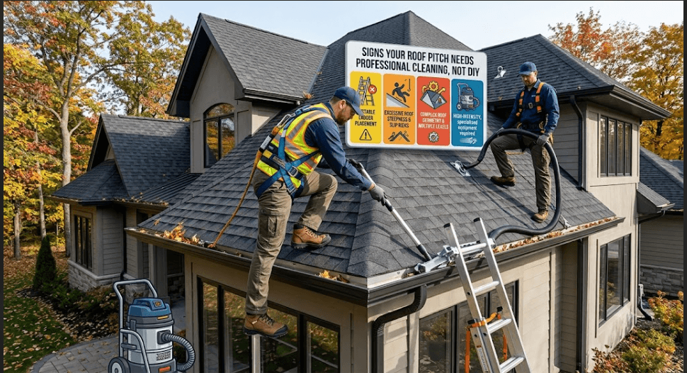 Infographic overlay on a steep-pitch roof listing signs that require professional gutter cleaning over DIY, including complex roof geometry, high slope risks, and specialized harness requirements.
