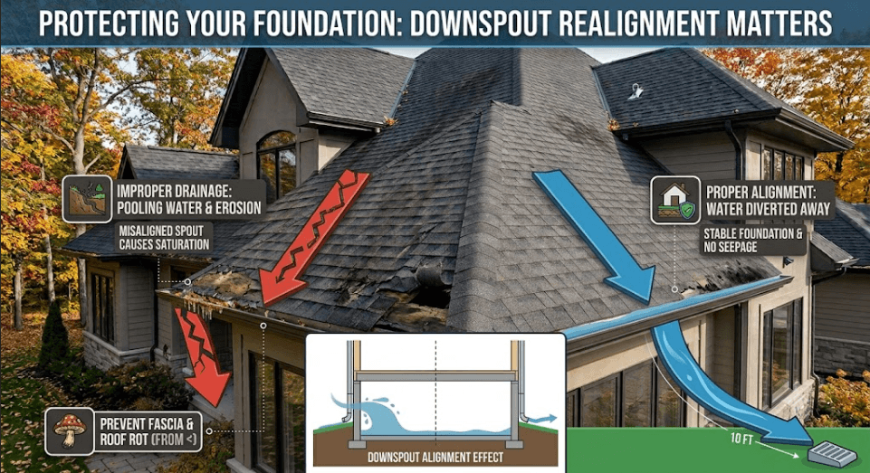 Infographic comparing proper vs improper downspout realignment on a residential home. The left side shows red arrows, pooling water, and rot damage from improper drainage. The right side shows a 10-foot extension, a splash block, and blue arrows diverting water to protect the foundation. An inset cross-section diagram shows the downspout alignment effect on seepage.