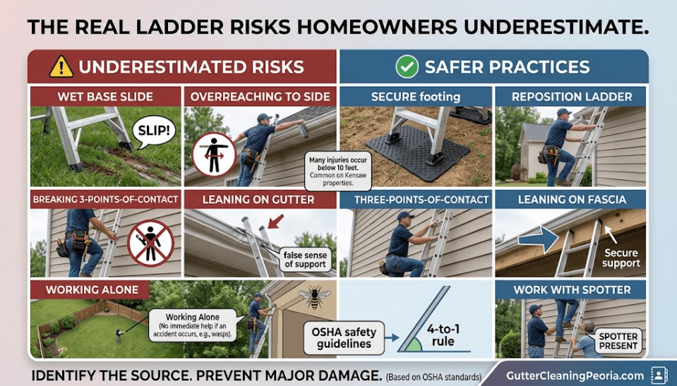A comparison chart contrasting underestimated ladder risks like overreaching, unanchored footing, and leaning on gutters against safer OSHA-guided ladder practices.