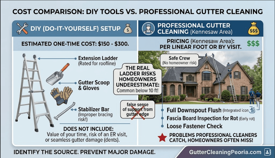 A cost comparison infographic showing DIY gutter equipment setup costs versus professional gutter cleaning services in Kennesaw, GA.