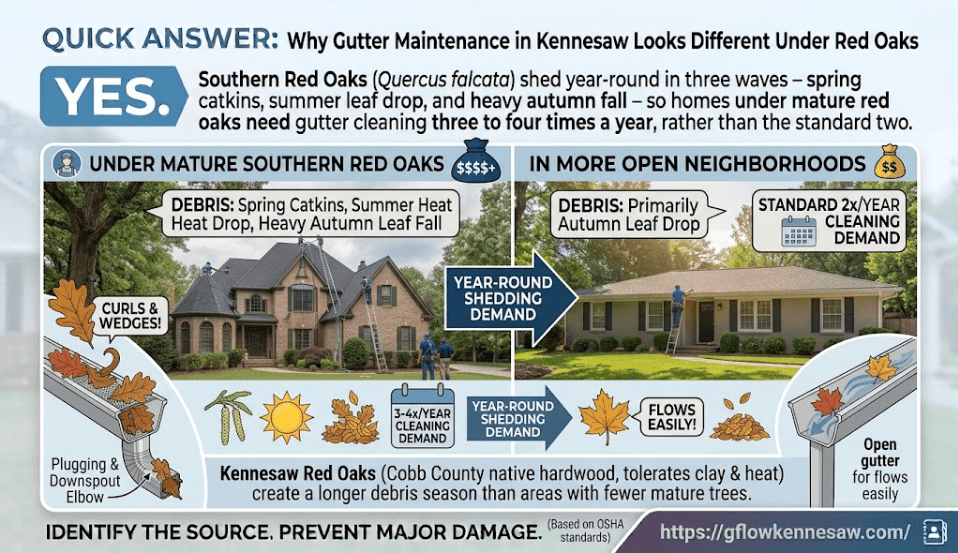 A comparative infographic illustrating how Southern Red Oaks in Kennesaw shed in three yearly waves, curling into gutter guards, compared to standard open-neighborhood leaf fall.
