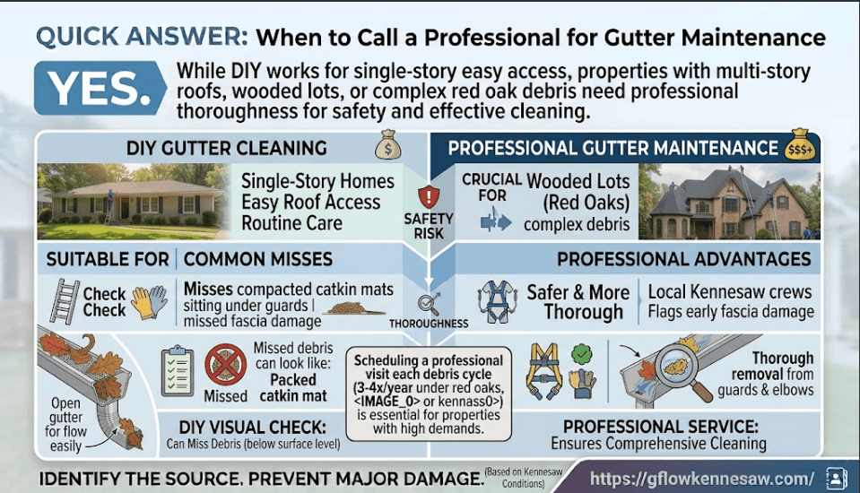 A comparative chart detailing when to DIY gutter cleaning (single-story homes, easy access) versus when to call a professional service in Kennesaw (multi-story roofs, wooded lots, complex red oak debris), illustrating missed debris risks and professional advantages.