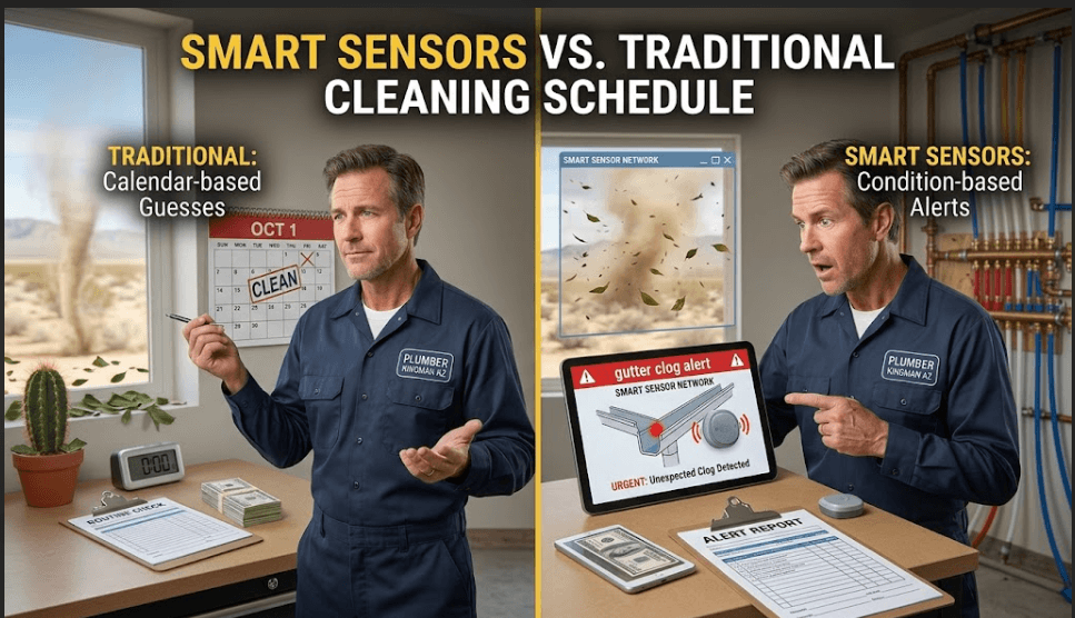 Comparison of a traditional calendar-based gutter cleaning schedule versus real-time condition-based smart gutter sensor alerts.
