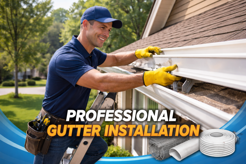 A professional worker installing a gutter at a home in Kannensaw ga