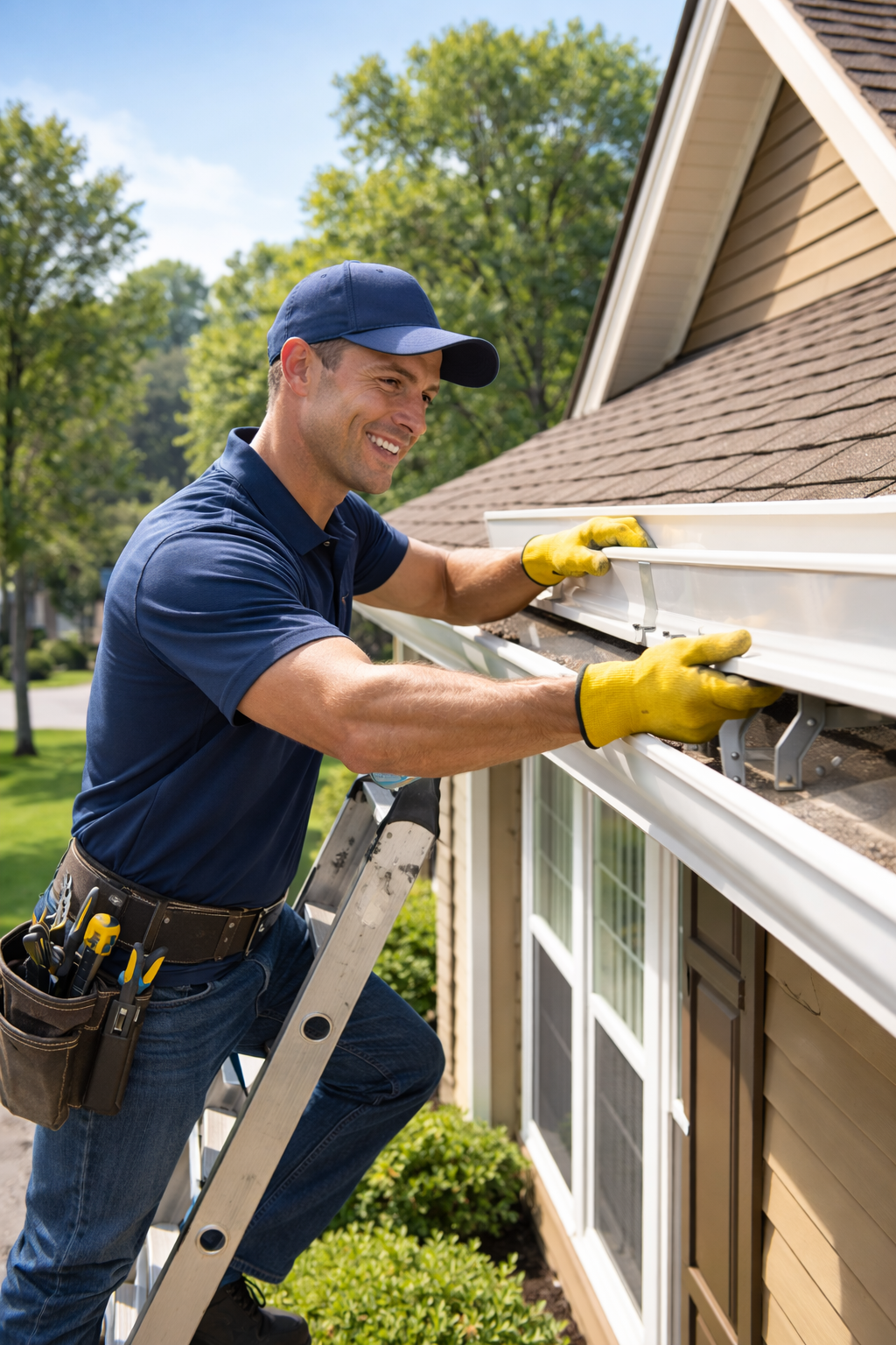Professional gutter cleaner installing a gutter at a house in Kennensaw