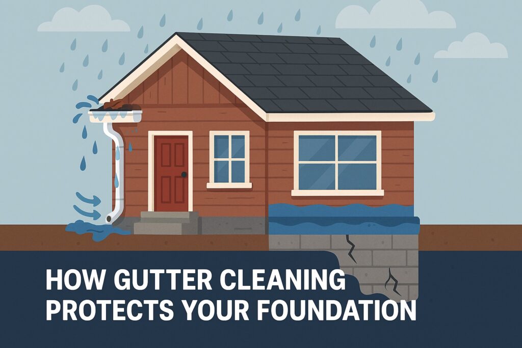 Photo showing gutter overflow near foundation.