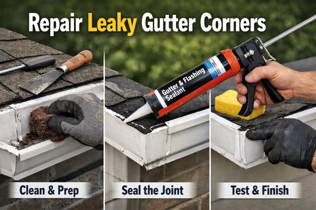 image showing steps for Repair Leaky Gutter Corners