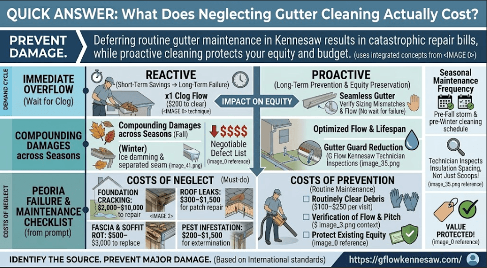 A cost comparison infographic showing the financial risks of neglecting gutter cleaning in Kennesaw, GA, highlighting expensive repair bills for foundation cracking, fascia rot, roof leaks, and pest extermination versus affordable routine prevention.