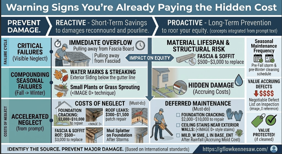 An educational infographic detailing warning signs of gutter failure in Kennesaw, GA, including sagging fascia boards, siding streaks, basement mildew, mud splatters, and ceiling stains, paired with repair cost estimates.