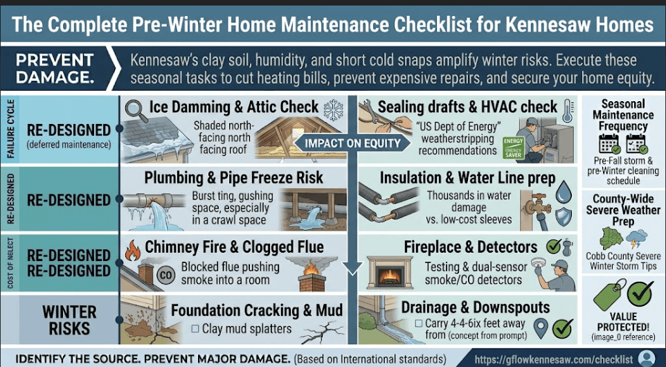 A comprehensive technical infographic detailing a nine-step pre-winter home maintenance checklist for Kennesaw, GA, covering roof inspections, HVAC tune-ups, pipe insulation, downspout checks, and crack sealing.