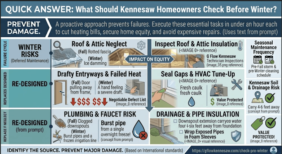 A comparative informational infographic designed for Kennesaw homeowners, contrasting the 'Winter Risks' of neglected maintenance like ice damming and burst pipes with 'Preventative Tasks' like sealing drafts and pipe insulation. It includes a seasonal maintenance frequency calendar.