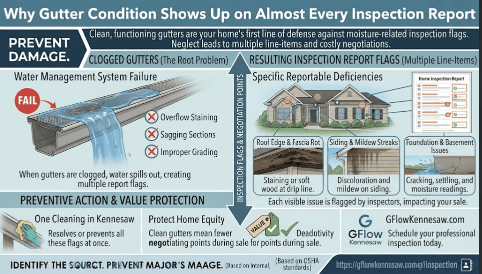 A home inspection infographic for Kennesaw, GA homeowners explaining how clogged gutters lead to multiple moisture-related inspection flags, such as fascia rot, siding mildew, and foundation settling.