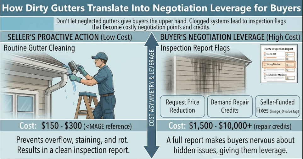 A real estate negotiation infographic for Kennesaw, GA home sellers contrasting the low cost of routine gutter cleaning with high-dollar buyer repair credits and price reductions triggered by inspection flags.