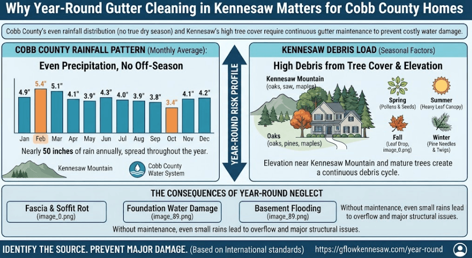 A climate and rainfall infographic for Kennesaw, GA, illustrating Cobb County's even monthly precipitation distribution and high tree canopy debris load near Kennesaw Mountain that necessitate year-round gutter maintenance.