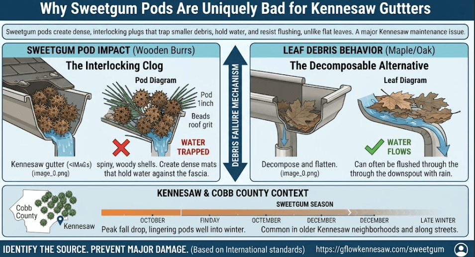 A seasonal debris and botanical maintenance infographic for Kennesaw, GA, explaining how spiny, interlocking sweetgum seed pods resist flattening and create dense, water-trapping clogs in residential gutters compared to decomposing leaves.