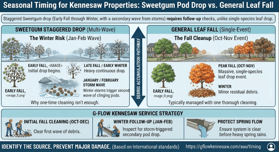 A seasonal maintenance timeline infographic for Kennesaw, GA, comparing the staggered, multi-wave drop of sweetgum pods from fall through winter storms with traditional single-event leaf fall.