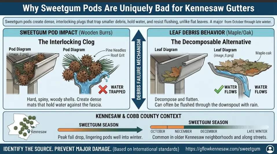 A botanical debris comparison infographic for Kennesaw, GA, illustrating how spiny sweetgum seed burrs form dense, interlocking gutter clogs that trap water compared to decomposing maple and oak leaves.