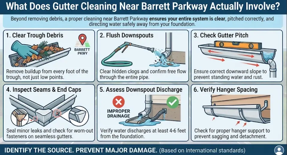 A comprehensive service breakdown infographic for the Barrett Parkway corridor in Kennesaw, GA, illustrating the step-by-step gutter cleaning process including trough clearing, downspout flushing, pitch checks, and foundation drainage assessments.