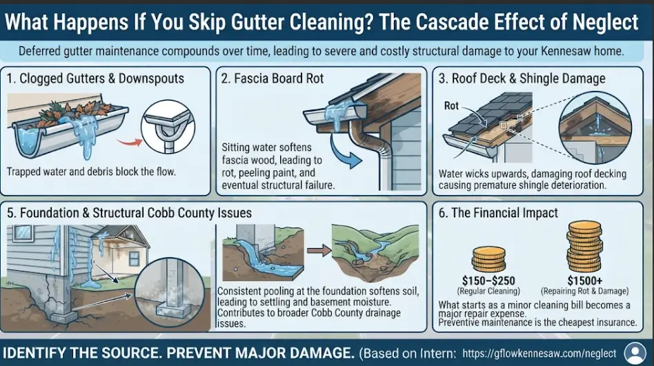 A structural damage and consequence infographic for Kennesaw, GA, illustrating the cascade effect of deferred gutter maintenance—from clogged troughs and fascia rot to roof deck damage and foundation erosion.