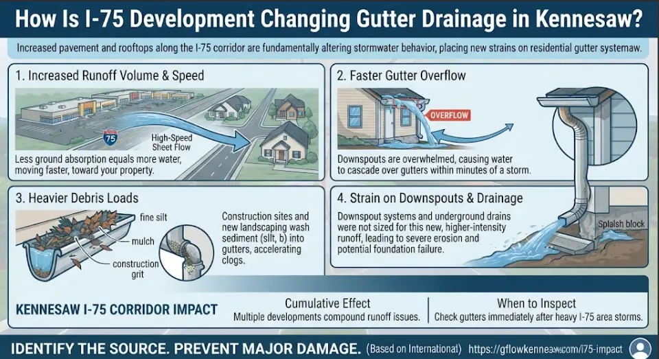 A regional stormwater impact infographic for Kennesaw, GA, explaining how I-75 corridor development, increased pavement, higher runoff volume, construction silt, and faster gutter overflow affect residential drainage.Gutter Drainage in Kennesaw