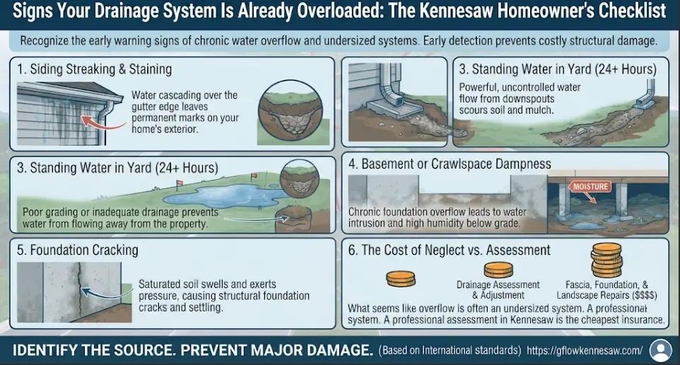 A drainage warning signs and property checklist infographic for Kennesaw, GA, illustrating indicators of an overloaded gutter system, including siding streaking, soil erosion near downspouts, 24-hour standing yard water, basement dampness, and foundation cracking.