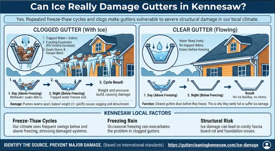 A winter ice damage and freeze-thaw hazard infographic for Kennesaw, GA, comparing a clogged gutter experiencing freezing expansion, 9% volume increase, and heavy ice weight to a clear, freely draining gutter.gutter cleaning in Kennesaw