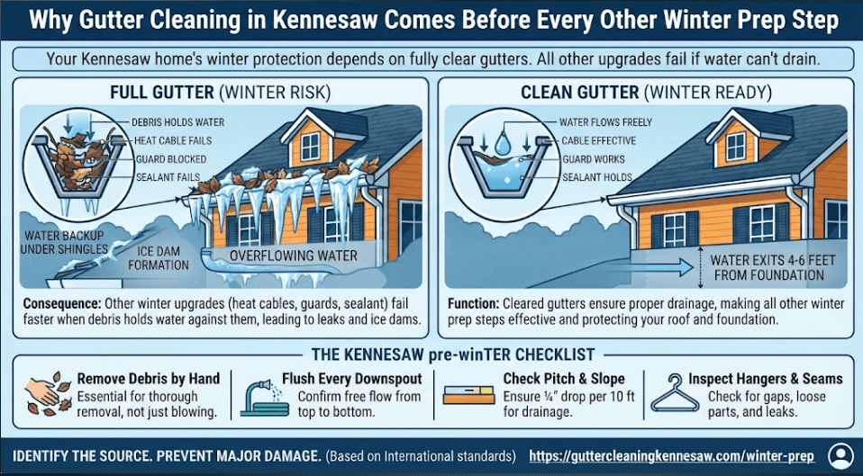 A pre-winter gutter preparation and checklist infographic for Kennesaw, GA, illustrating why clearing debris, flushing downspouts, checking pitch, and inspecting hangers must come before all other winter home upgrades to prevent ice dams and water backups.gutter cleaning in Kennesaw